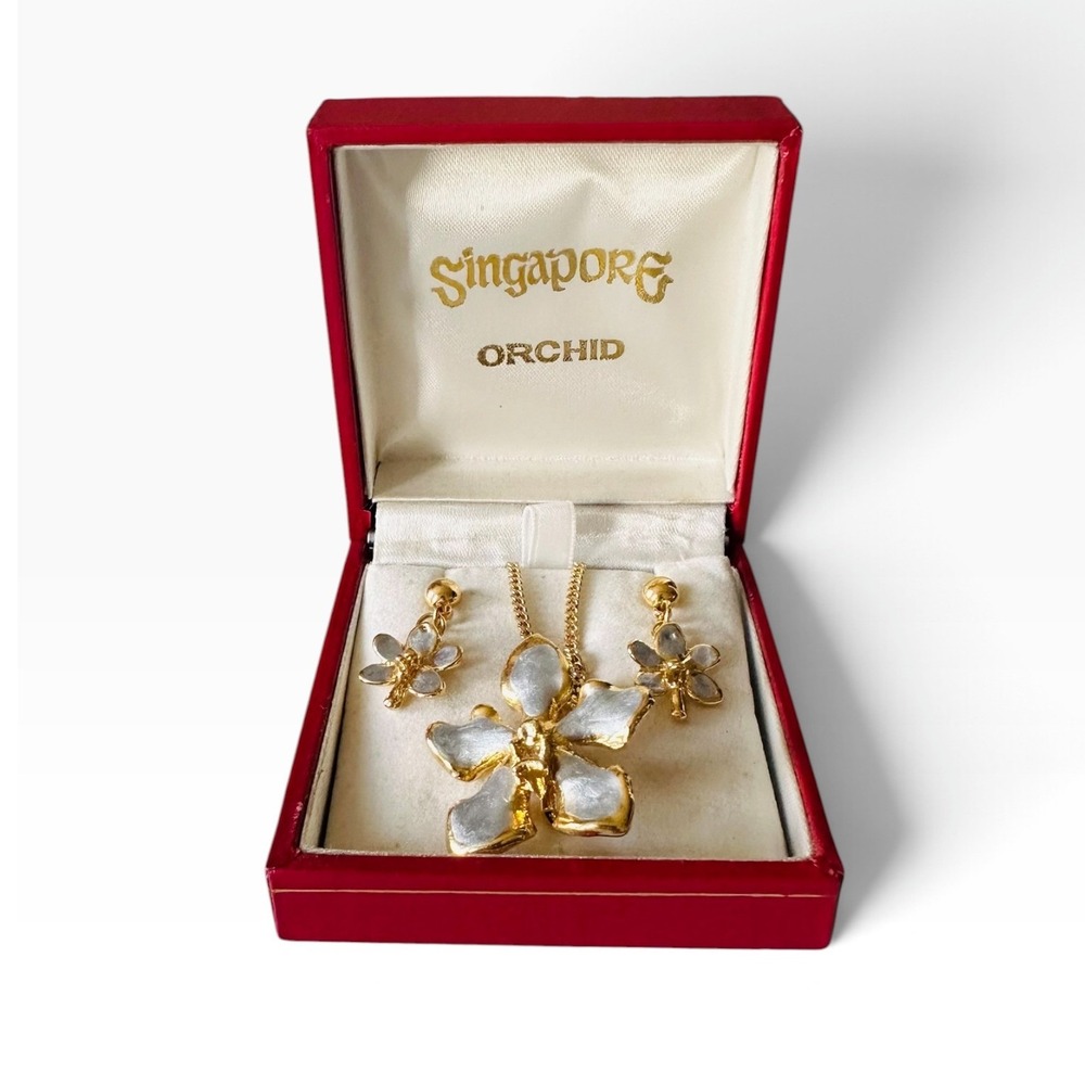Vintage 24K Gold-Plated Real Singapore Orchid Necklace & Earring Set